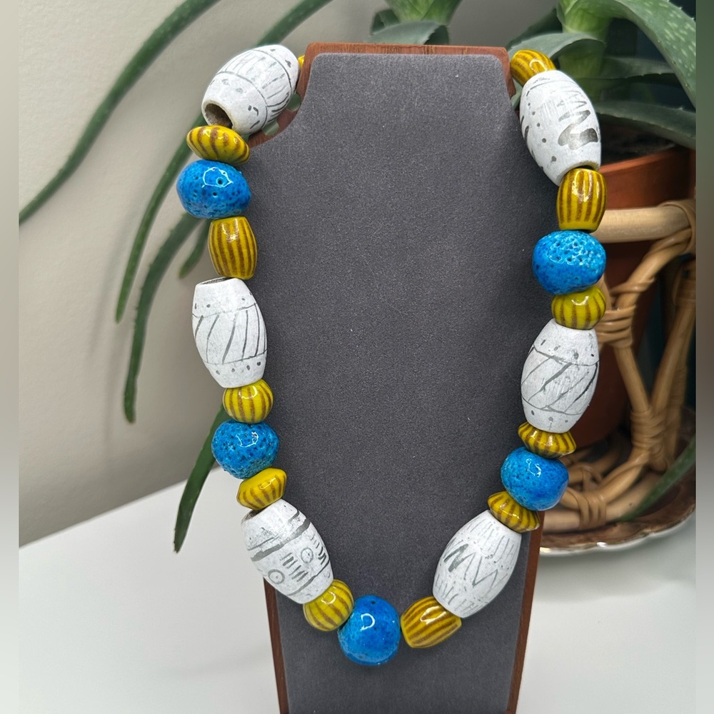 Bold Boho Handcrafted Necklace Wood Ceramic Lava Beads Artisan Statement Jewelry